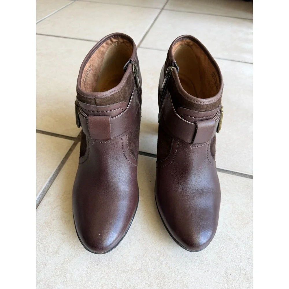 Clarks Scheme Act Brown Leather Suede Ankle Booties Buckle Women's Size 9.5M